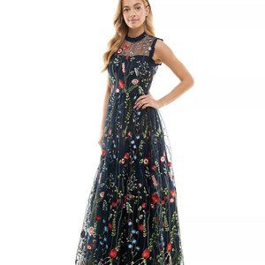 CITY STUDIO Juniors' Embroidered Mesh Ruffled Gown Navy/Red